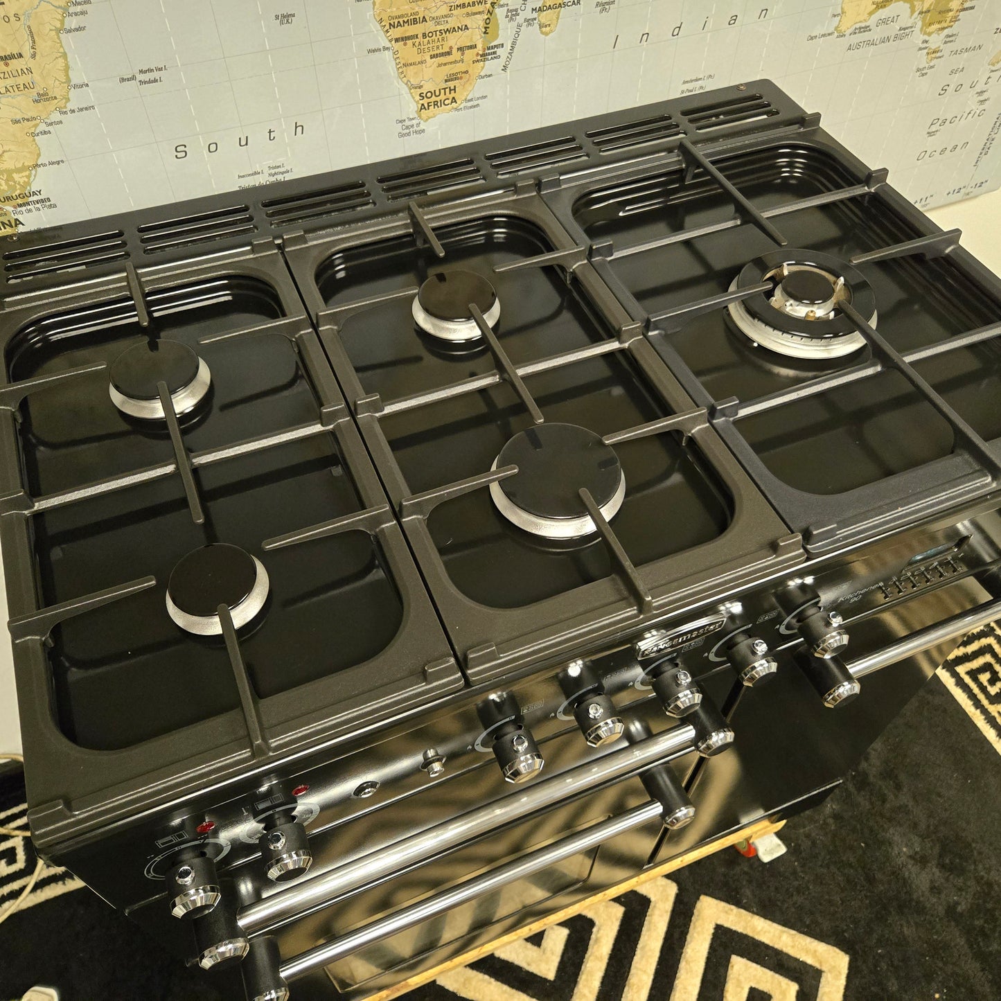 Rangemaster Kitchener Dual Fuel Range Cooker in Black and Chrome 90cm