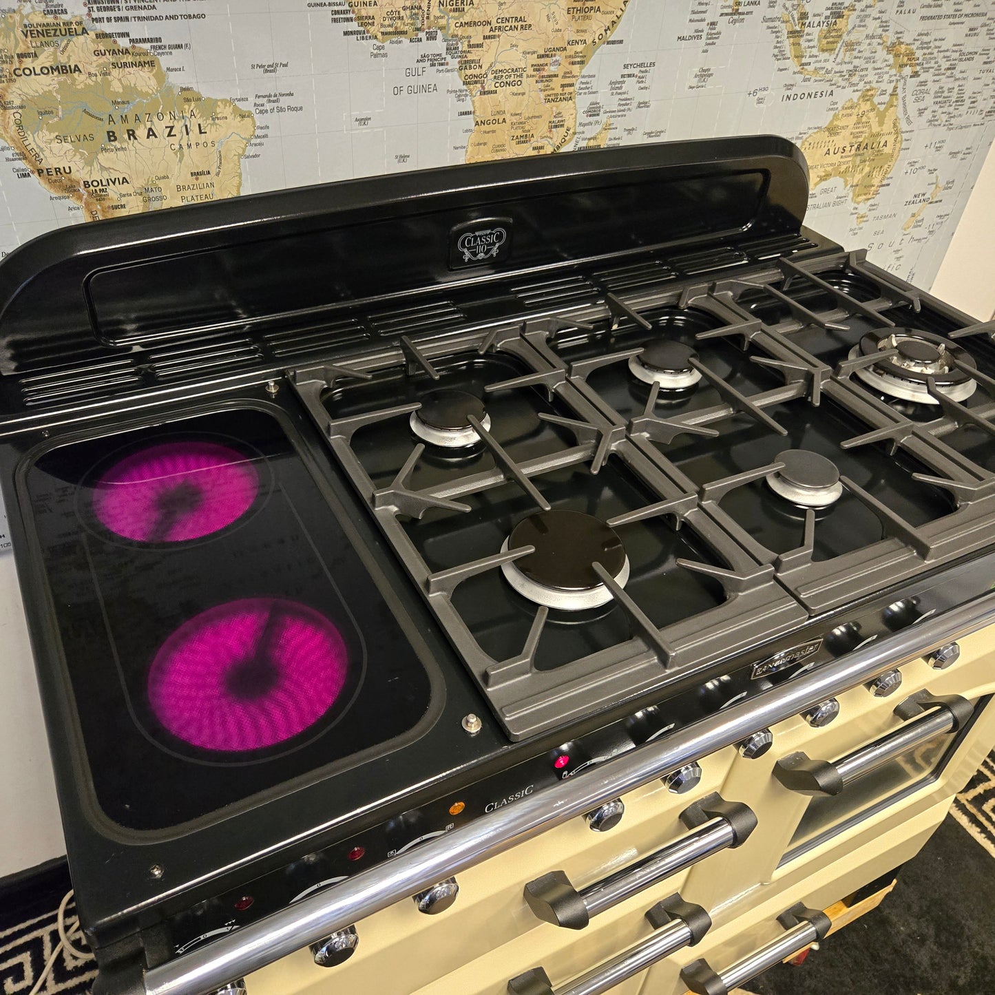 Rangemaster Classic Deluxe Dual Fuel Range Cooker in Cream and Chrome 110cm