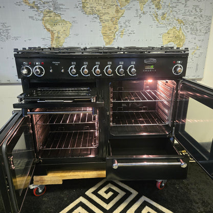 Rangemaster Kitchener Dual Fuel Range Cooker in Black with a Chrome Trim 110cm