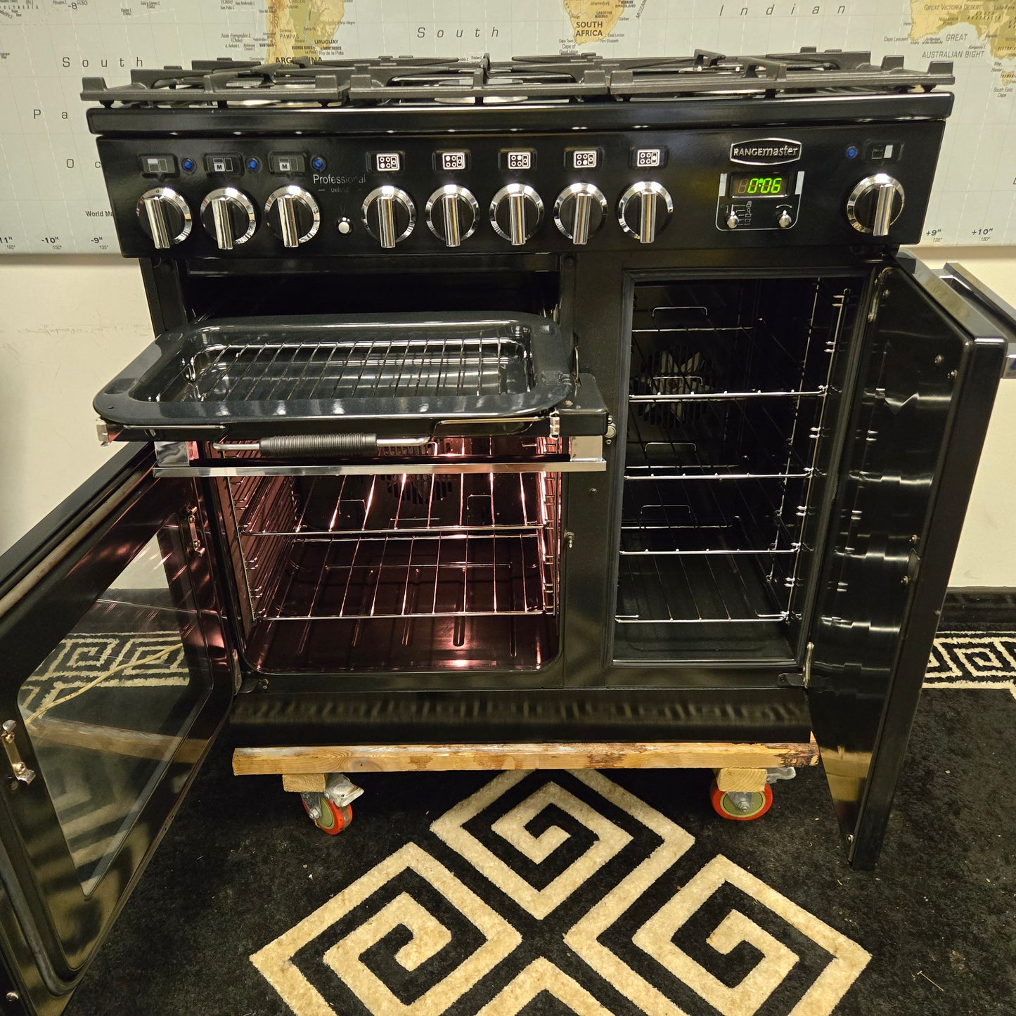 Rangemaster Professional Deluxe Dual Fuel Range Cooker in Black and Chrome 90cm