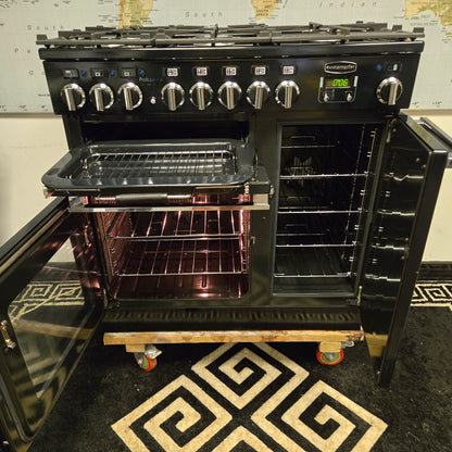 Rangemaster Professional Deluxe Dual Fuel Range Cooker in Black and Chrome 90cm