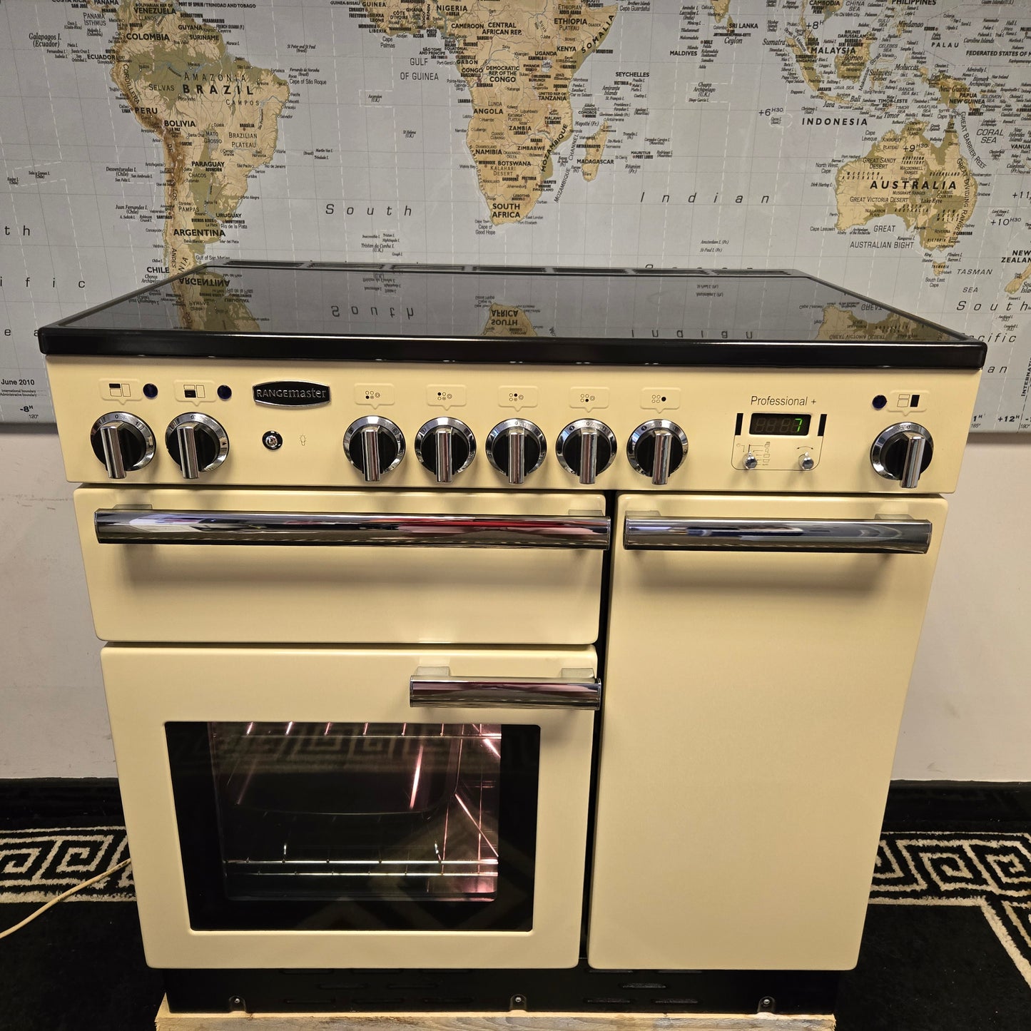 Rangemaster Professional Plus Electric Range Cooker in Cream with a Chrome Trim 90cm