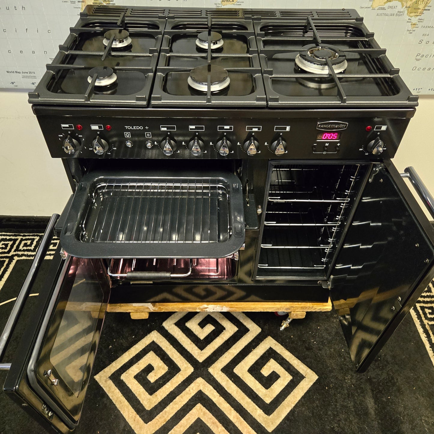 Rangemaster Toledo Plus Dual Fuel Range Cooker in Black and Chrome 90cm
