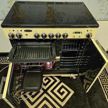 Rangemaster Professional Plus Electric Range Cooker in Cream with a Chrome Trim 90cm