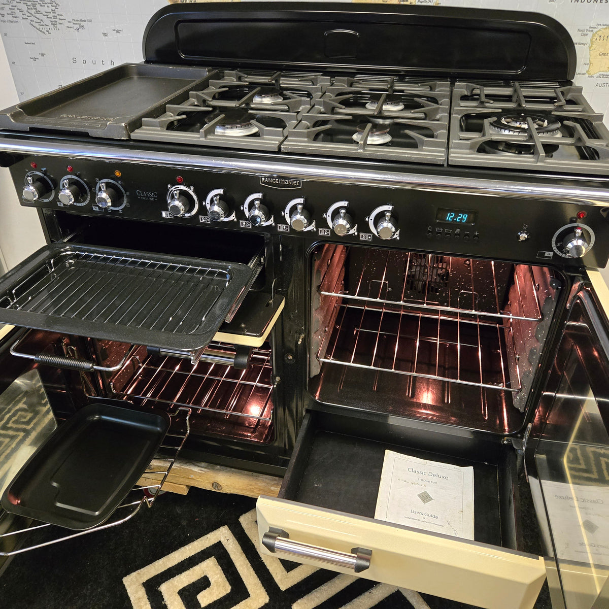 Rangemaster Classic Deluxe Dual Fuel Range Cooker in Cream 110cm