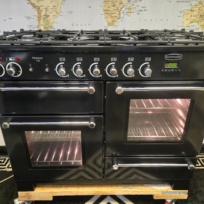Rangemaster Kitchener Dual Fuel Range Cooker in Black with a Chrome Trim 110cm