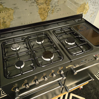 Rangemaster 110 Dual Fuel Range Cooker in Black 110cm with a Lid / Splashback