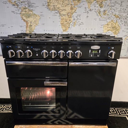 Rangemaster Professional Deluxe Dual Fuel Range Cooker in Black with a Chrome Trim 100cm