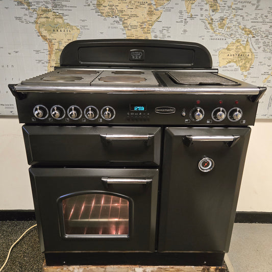 Rangemaster Classic Electric Range Cooker in Black with a Chrome Trim 90cm