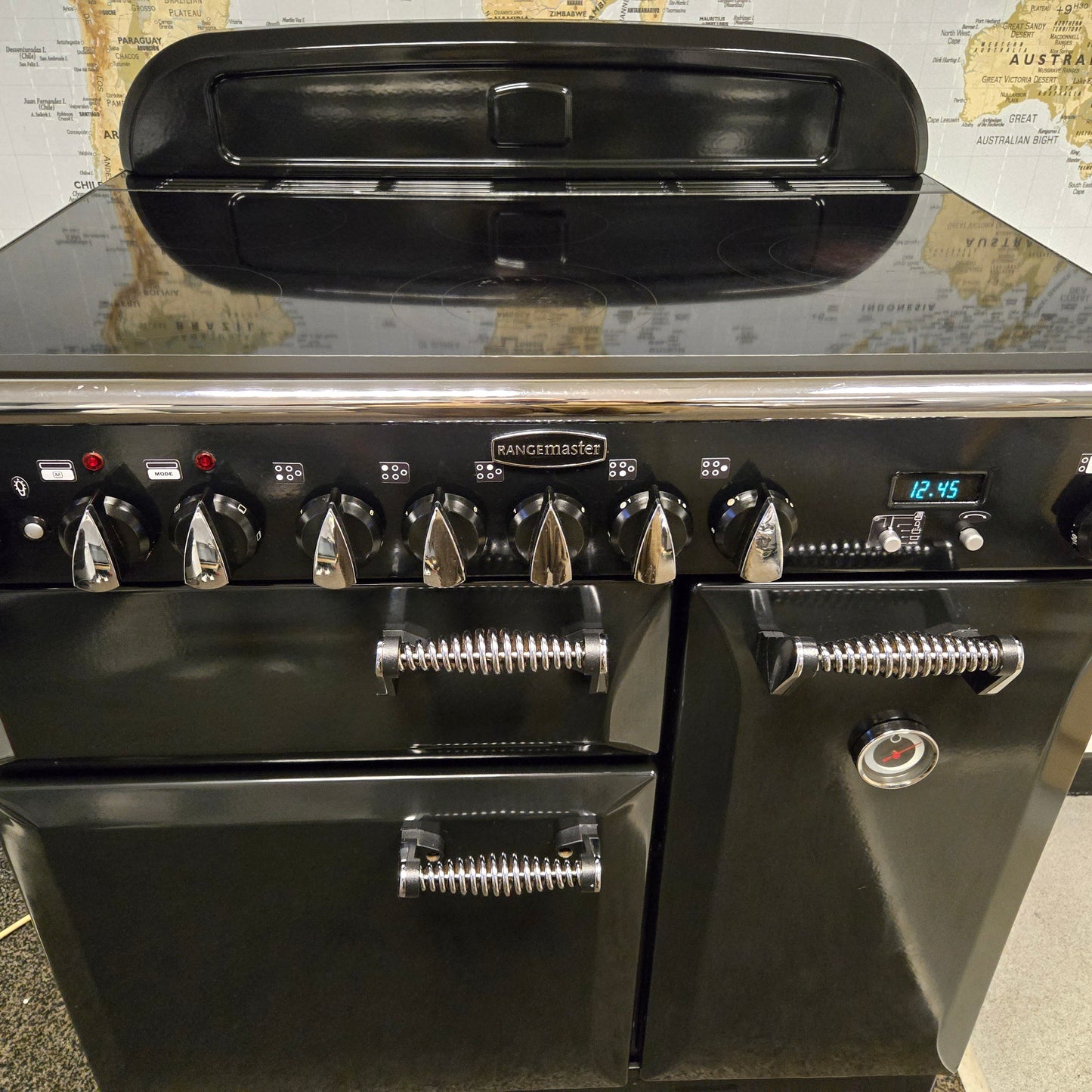 Rangemaster Elan Electric Range Cooker in Black with a Chrome Trim 90cm