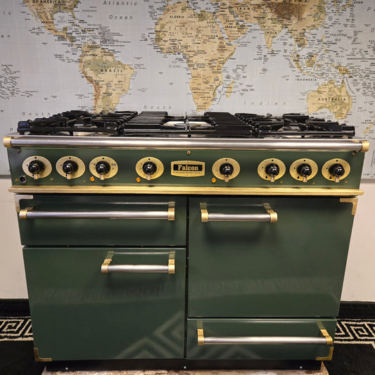 Falcon LPG Dual Fuel Range Cooker in Green with a Brass Trim 110cm