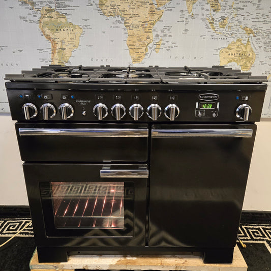 Rangemaster Professional Deluxe Dual Fuel Range Cooker in Black with a Chrome Trim 100cm