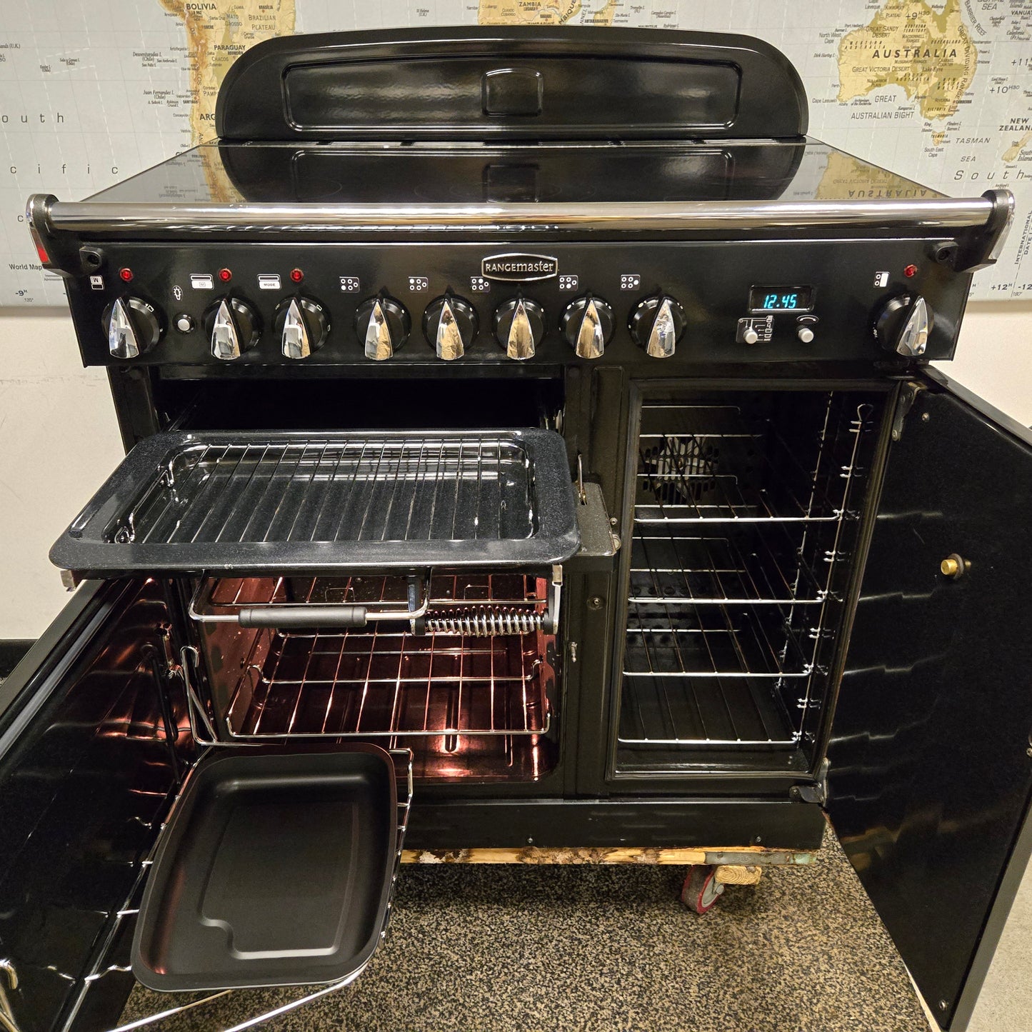 Rangemaster Elan Electric Range Cooker in Black with a Chrome Trim 90cm