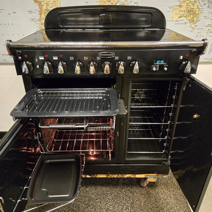 Rangemaster Elan Electric Range Cooker in Black with a Chrome Trim 90cm