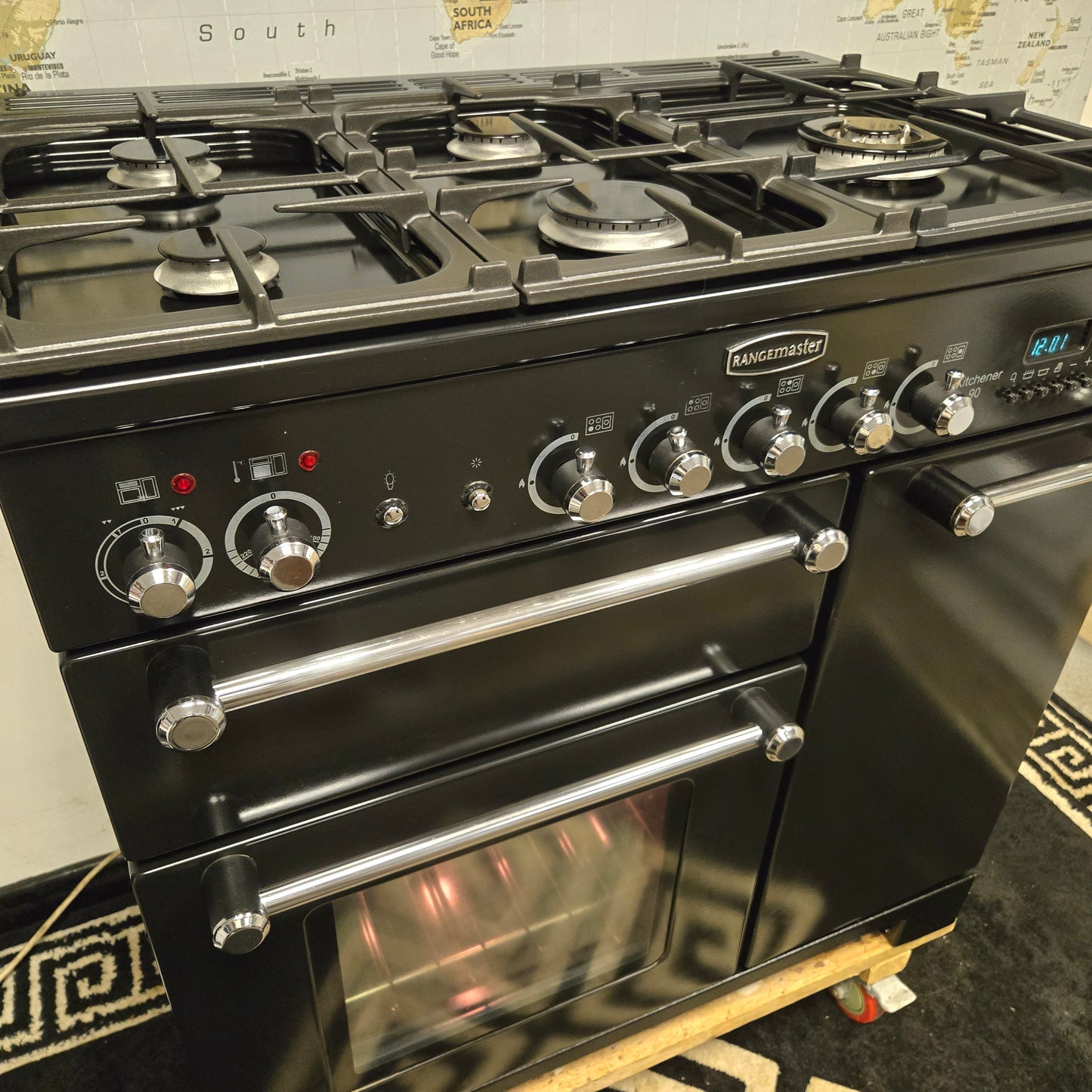 Rangemaster Kitchener Dual Fuel Range Cooker in Black and Chrome 90cm