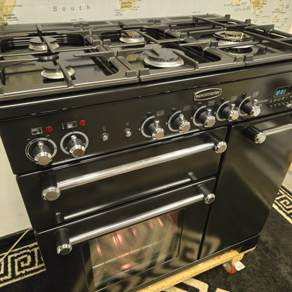 Rangemaster Kitchener Dual Fuel Range Cooker in Black and Chrome 90cm