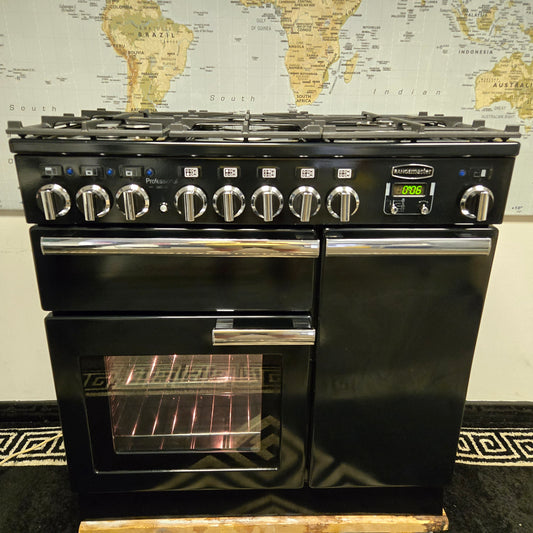 Rangemaster Professional Deluxe Dual Fuel Range Cooker in Black and Chrome 90cm