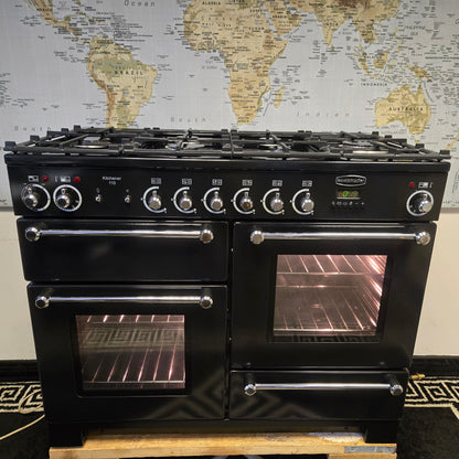 Rangemaster Kitchener Dual Fuel Range Cooker in Black with a Chrome Trim 110cm