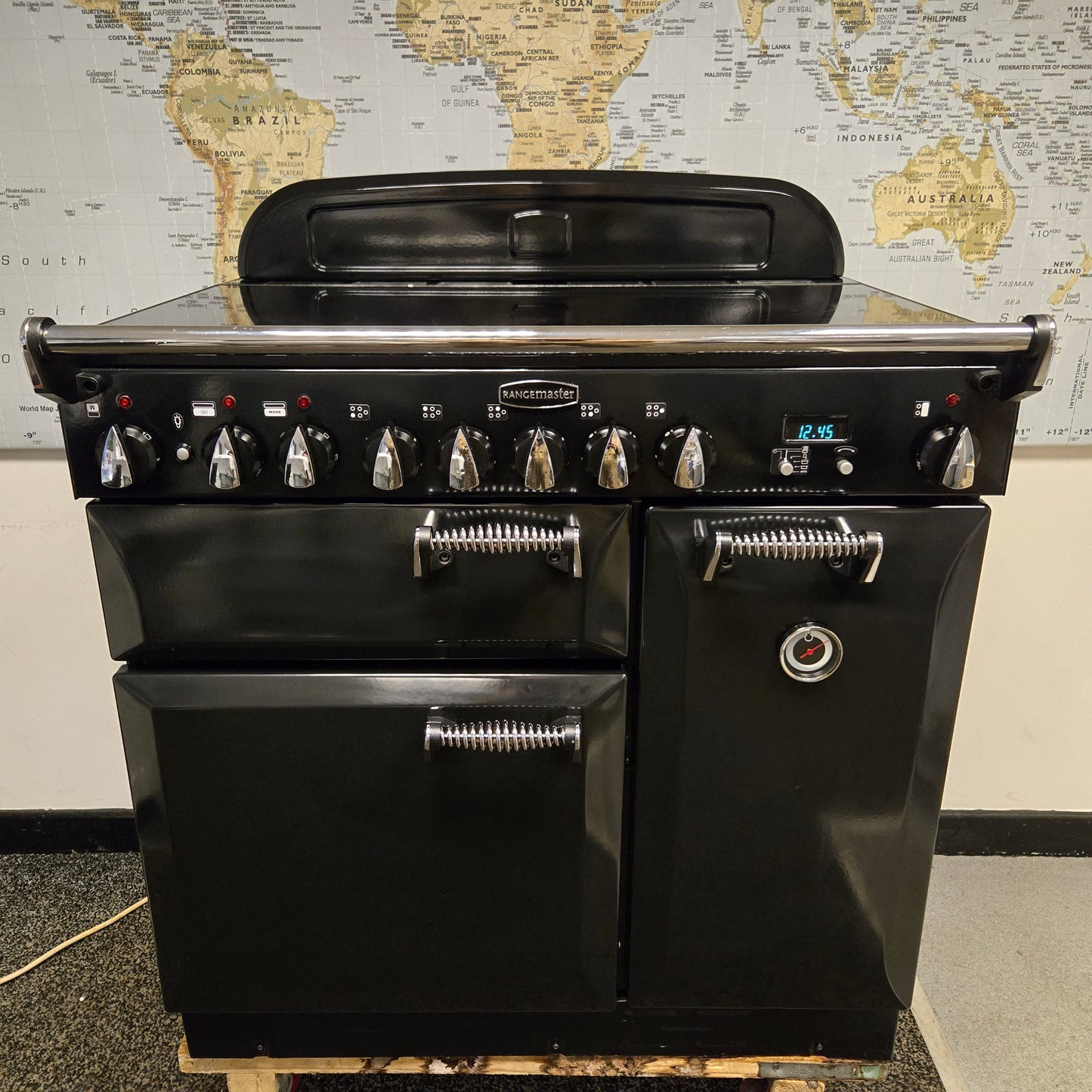 Rangemaster Elan Electric Range Cooker in Black with a Chrome Trim 90cm