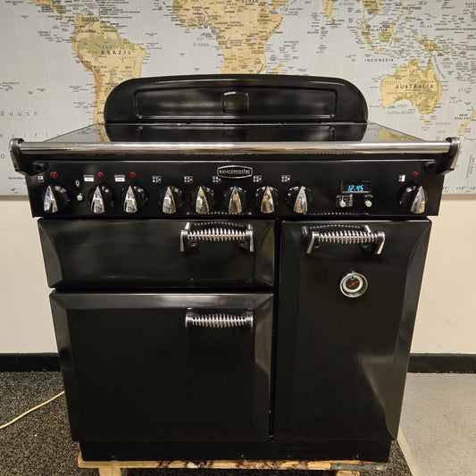 Rangemaster Elan Electric Range Cooker in Black with a Chrome Trim 90cm