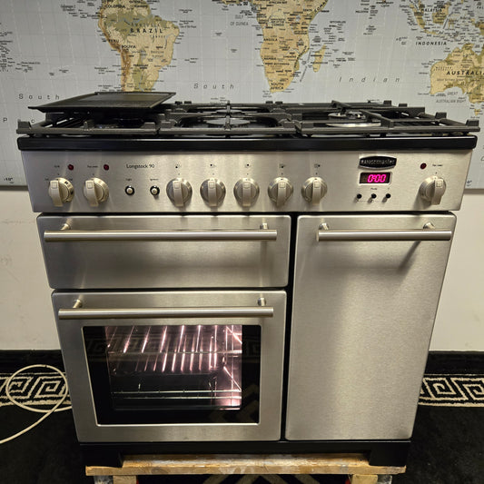 Ex Display Rangemaster Longstock Dual Fuel Range Cooker in Stainless Steel 90cm