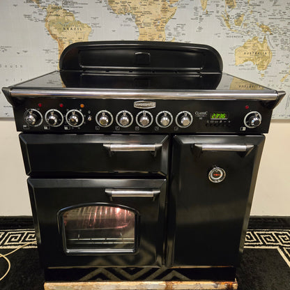 Rangemaster Classic Deluxe Induction Range Cooker in Black with a Chrome Trim 90cm