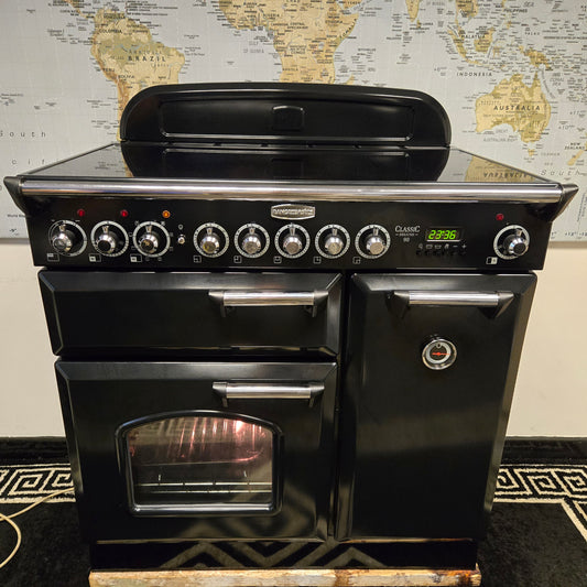 Rangemaster Classic Deluxe Induction Range Cooker in Black with a Chrome Trim 90cm