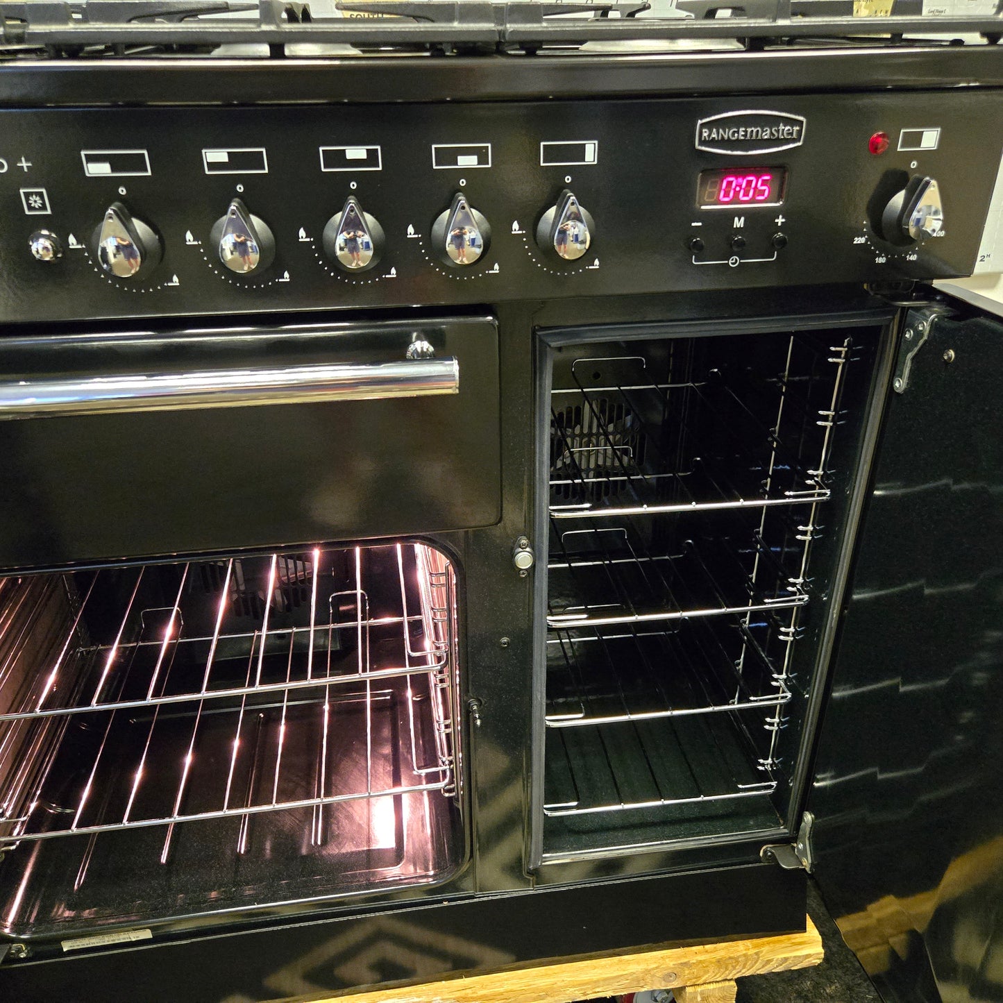 Rangemaster Toledo Plus Dual Fuel Range Cooker in Black and Chrome 90cm