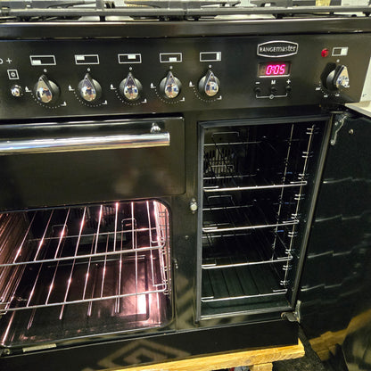 Rangemaster Toledo Plus Dual Fuel Range Cooker in Black and Chrome 90cm