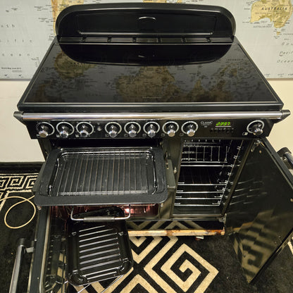 Rangemaster Classic Deluxe Induction Range Cooker in Black with a Chrome Trim 90cm
