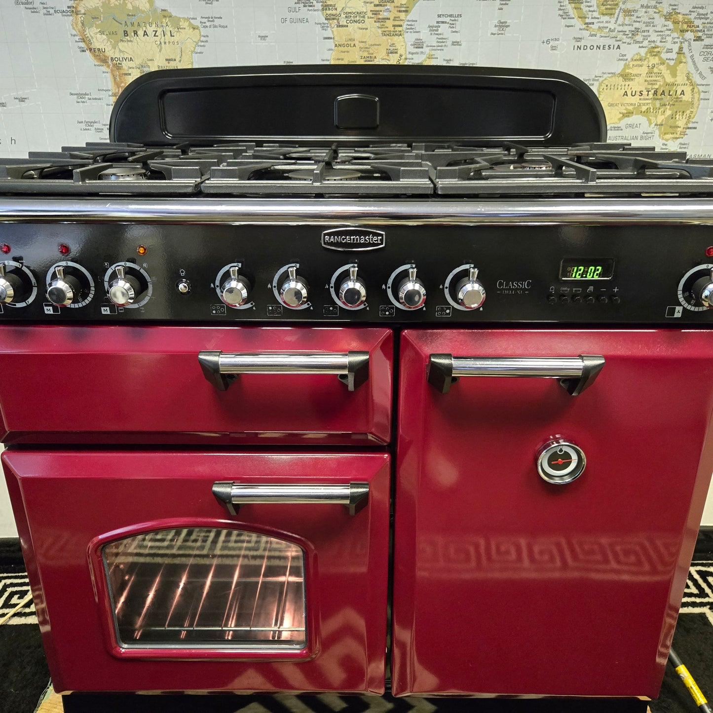 Rangemaster Classic Deluxe Dual Fuel Range Cooker in Cranberry Red 100cm