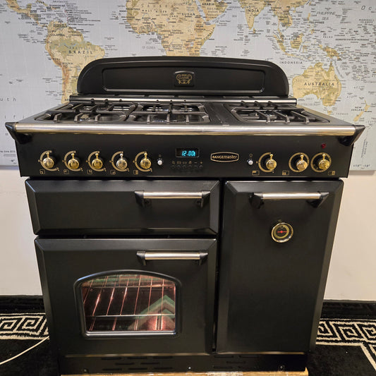 Rangemaster Classic 90 Gas Range Cooker in Black with a Gold Trim 90cm