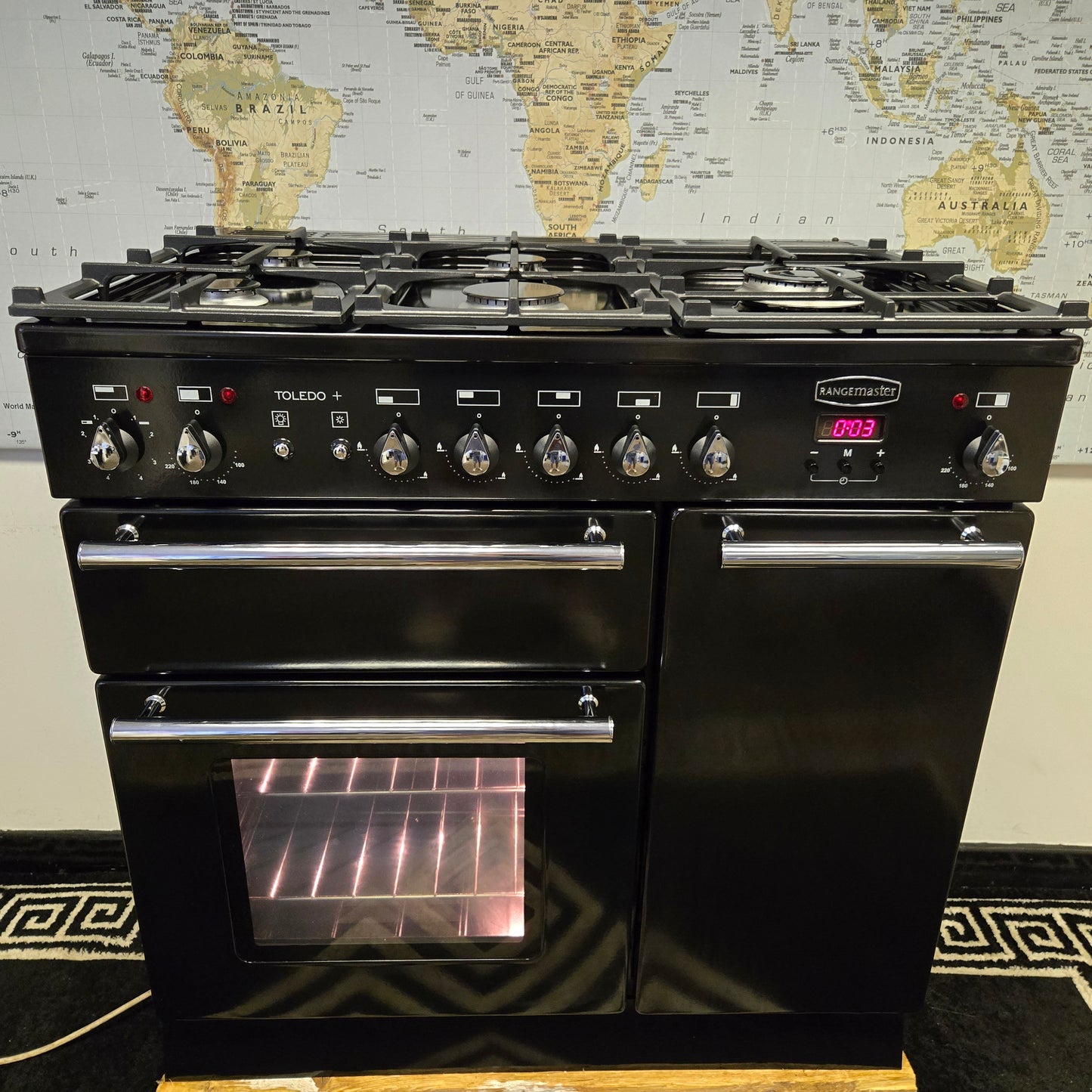 Rangemaster Toledo Plus Dual Fuel Range Cooker in Black and Chrome 90cm