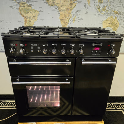 Rangemaster Toledo Plus Dual Fuel Range Cooker in Black and Chrome 90cm