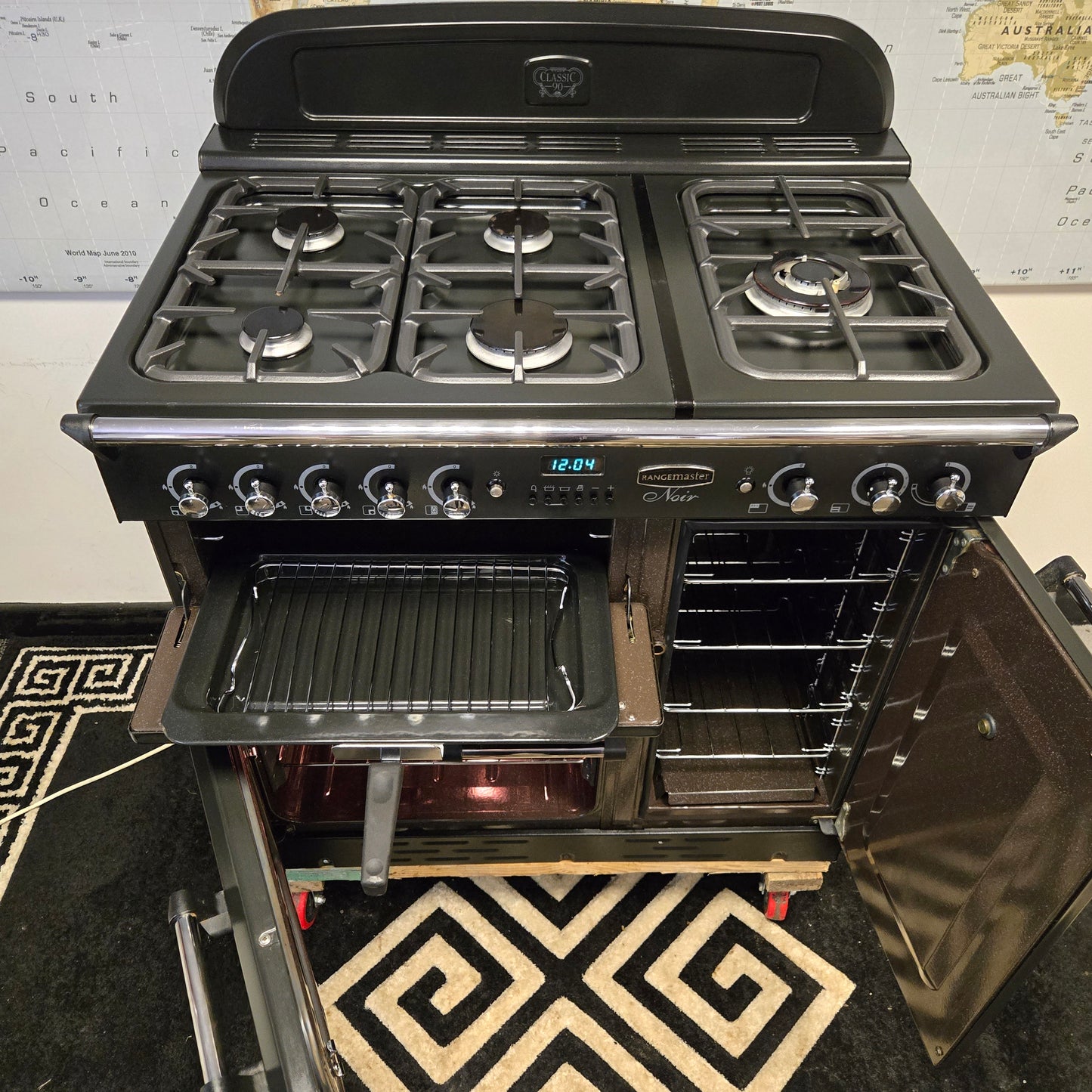 Rangemaster Classic Noir Gas Range Cooker in Black with a Chrome Trim 90cm