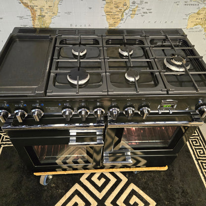 Rangemaster Professional Deluxe Dual Fuel Range Cooker in Black with a Chrome Trim 110cm