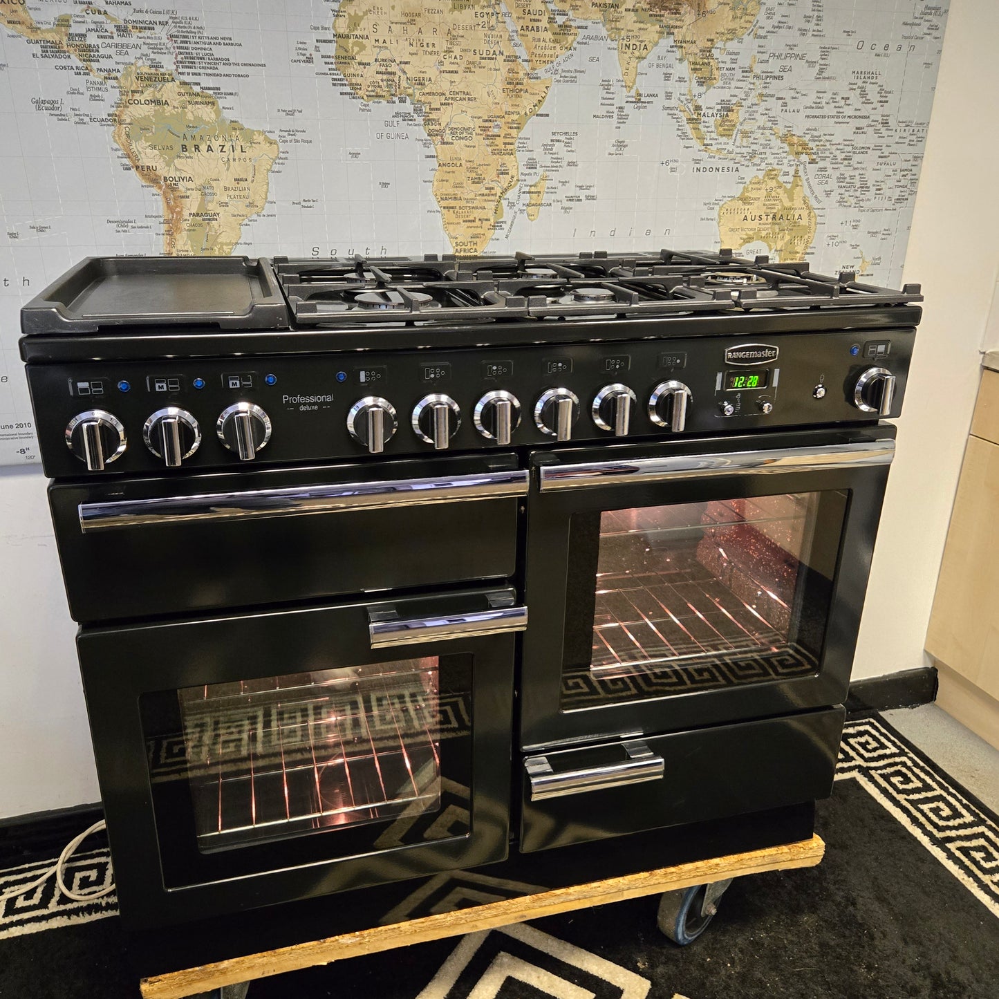 Rangemaster Professional Deluxe Dual Fuel Range Cooker in Black with a Chrome Trim 110cm