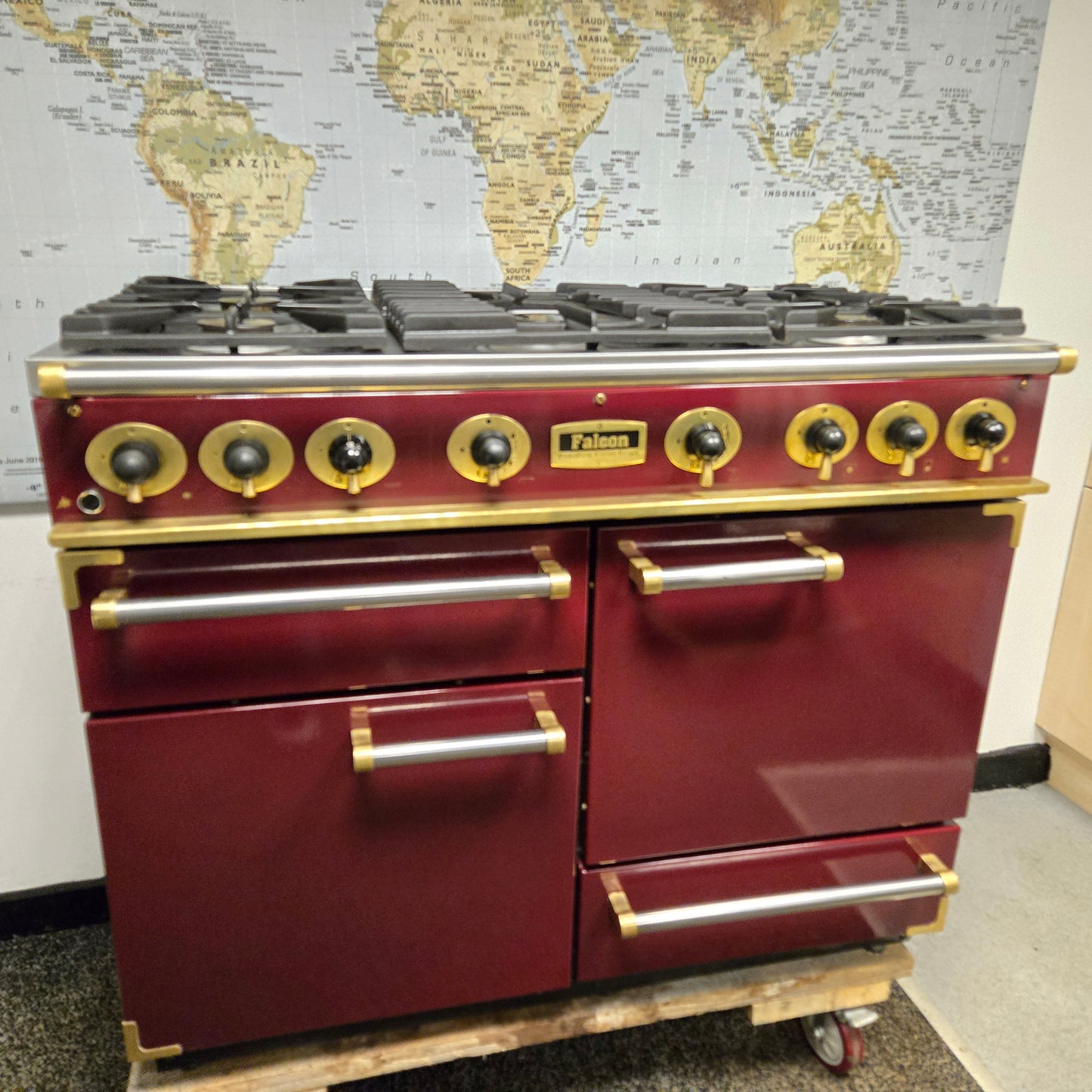 Falcon Gas Range Cooker in Burgundy Red with a Brass Trim 110cm