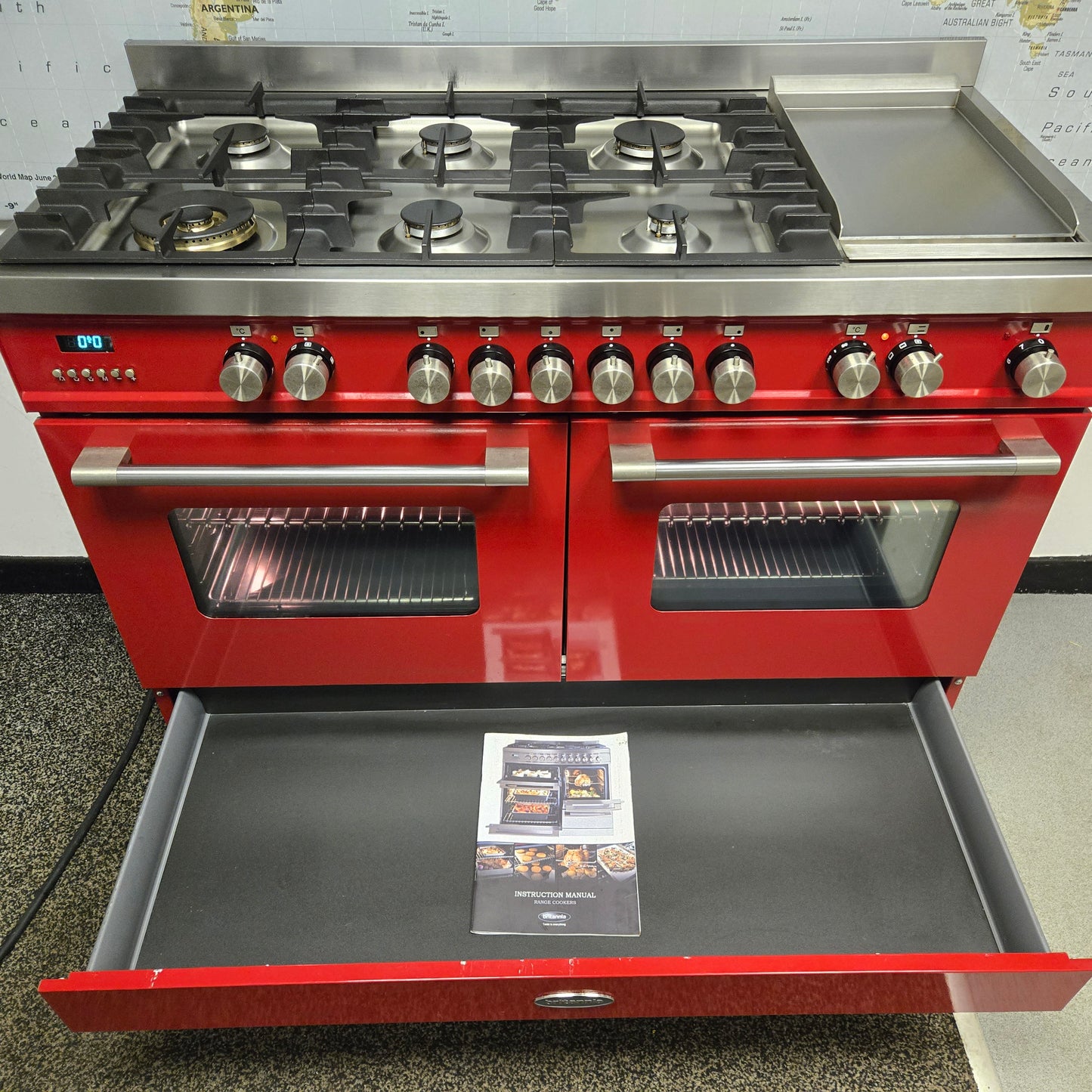 Britannia Delphi Dual Fuel Range Cooker with matching Hood in Red 120cm