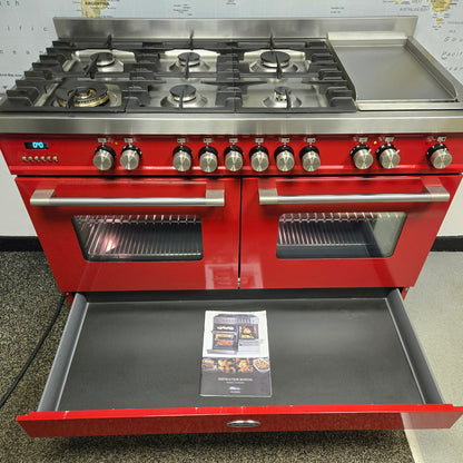 Britannia Delphi Dual Fuel Range Cooker with matching Hood in Red 120cm