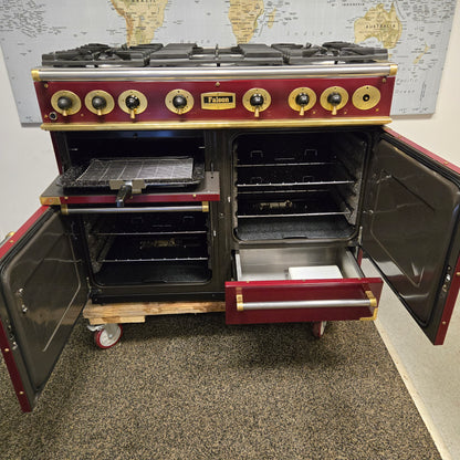 Falcon Gas Range Cooker in Burgundy Red with a Brass Trim 110cm