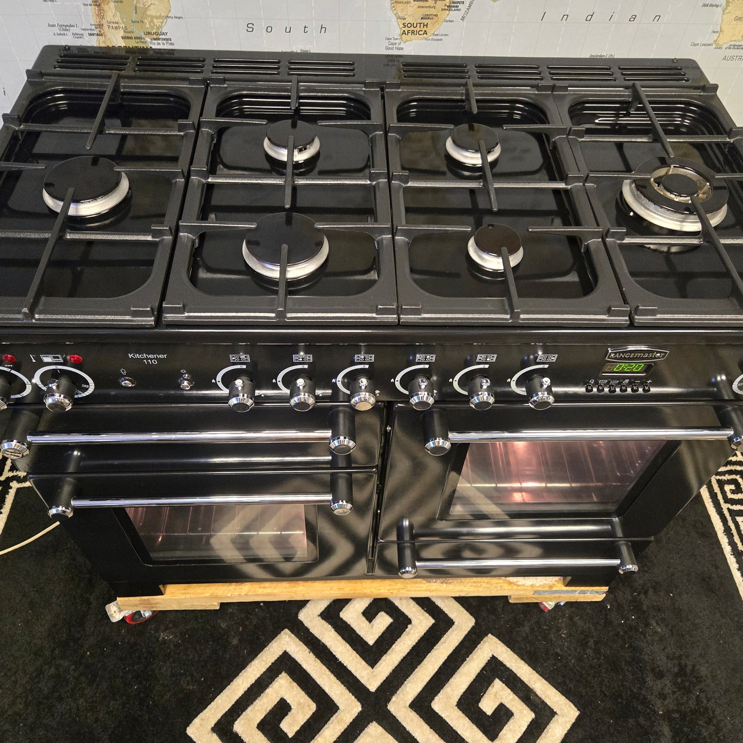 Rangemaster Kitchener Dual Fuel Range Cooker in Black with a Chrome Trim 110cm
