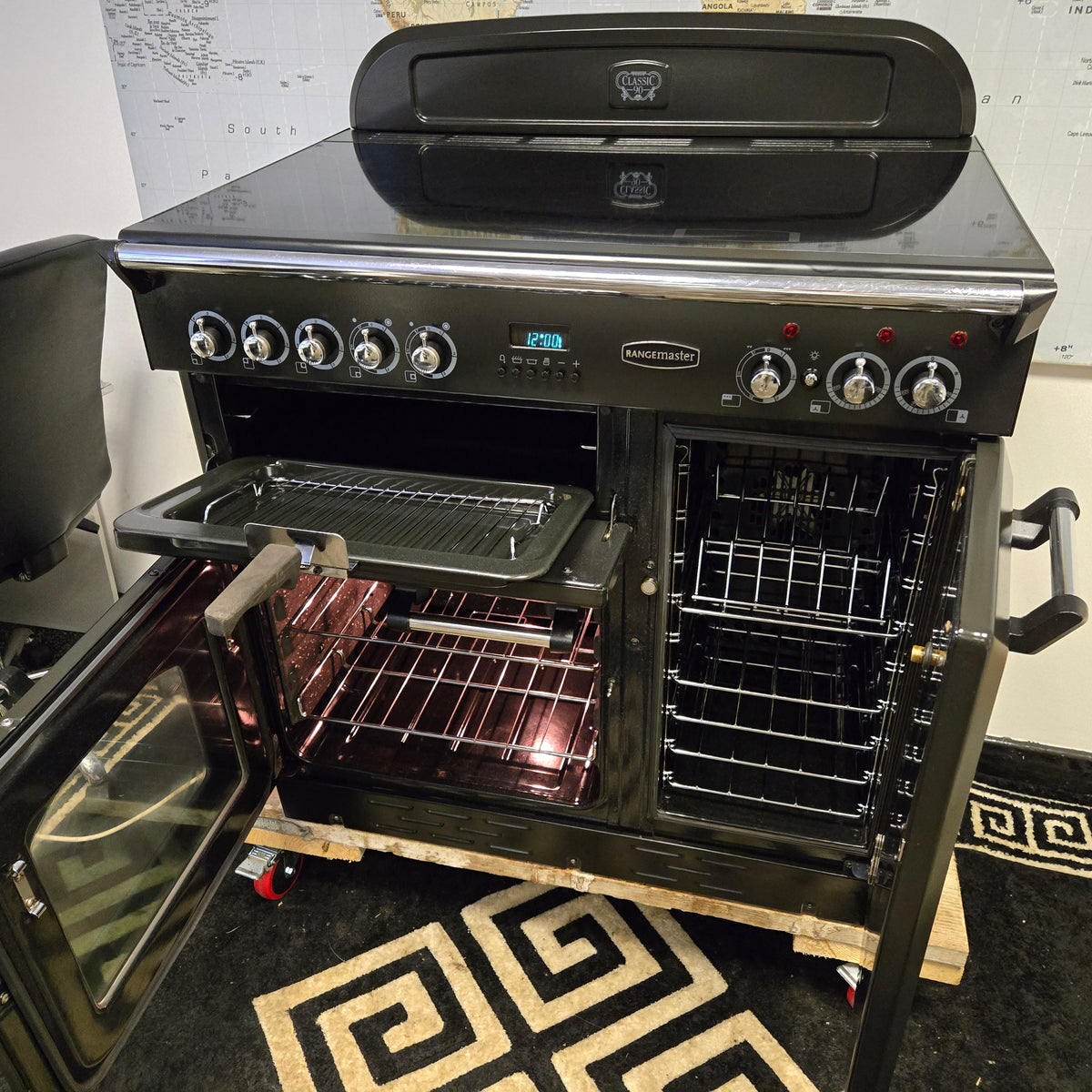 Rangemaster Classic 90 Electric Range Cooker in Black and Chrome 90cm