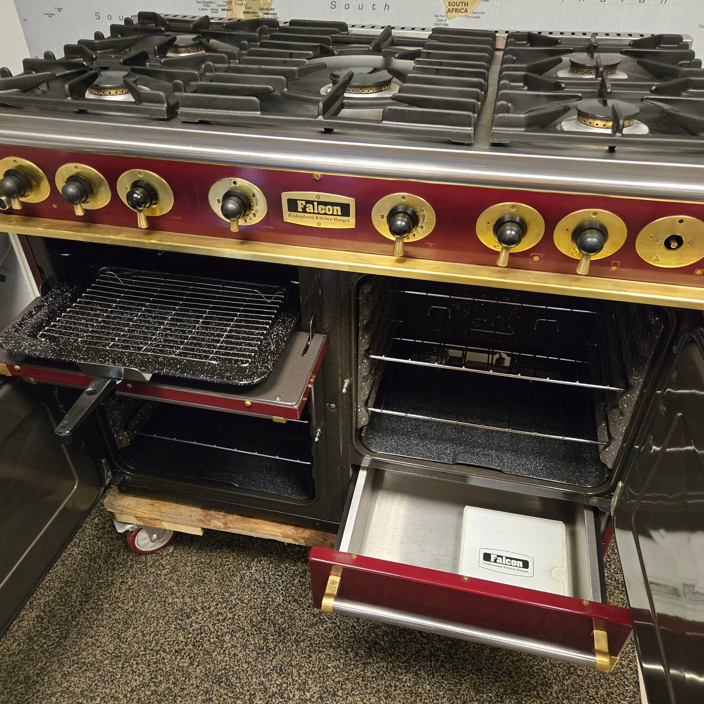 Falcon Gas Range Cooker in Burgundy Red with a Brass Trim 110cm