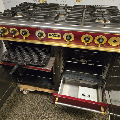 Falcon Gas Range Cooker in Burgundy Red with a Brass Trim 110cm
