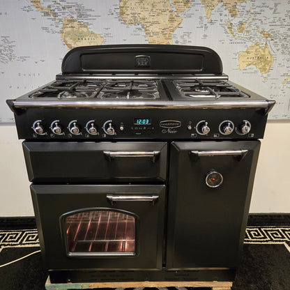 Rangemaster Classic Noir Gas Range Cooker in Black with a Chrome Trim 90cm