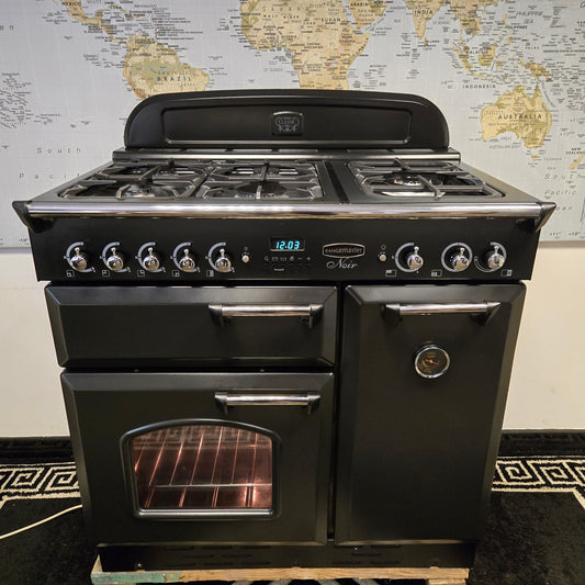 Rangemaster Classic Noir Gas Range Cooker in Black with a Chrome Trim 90cm