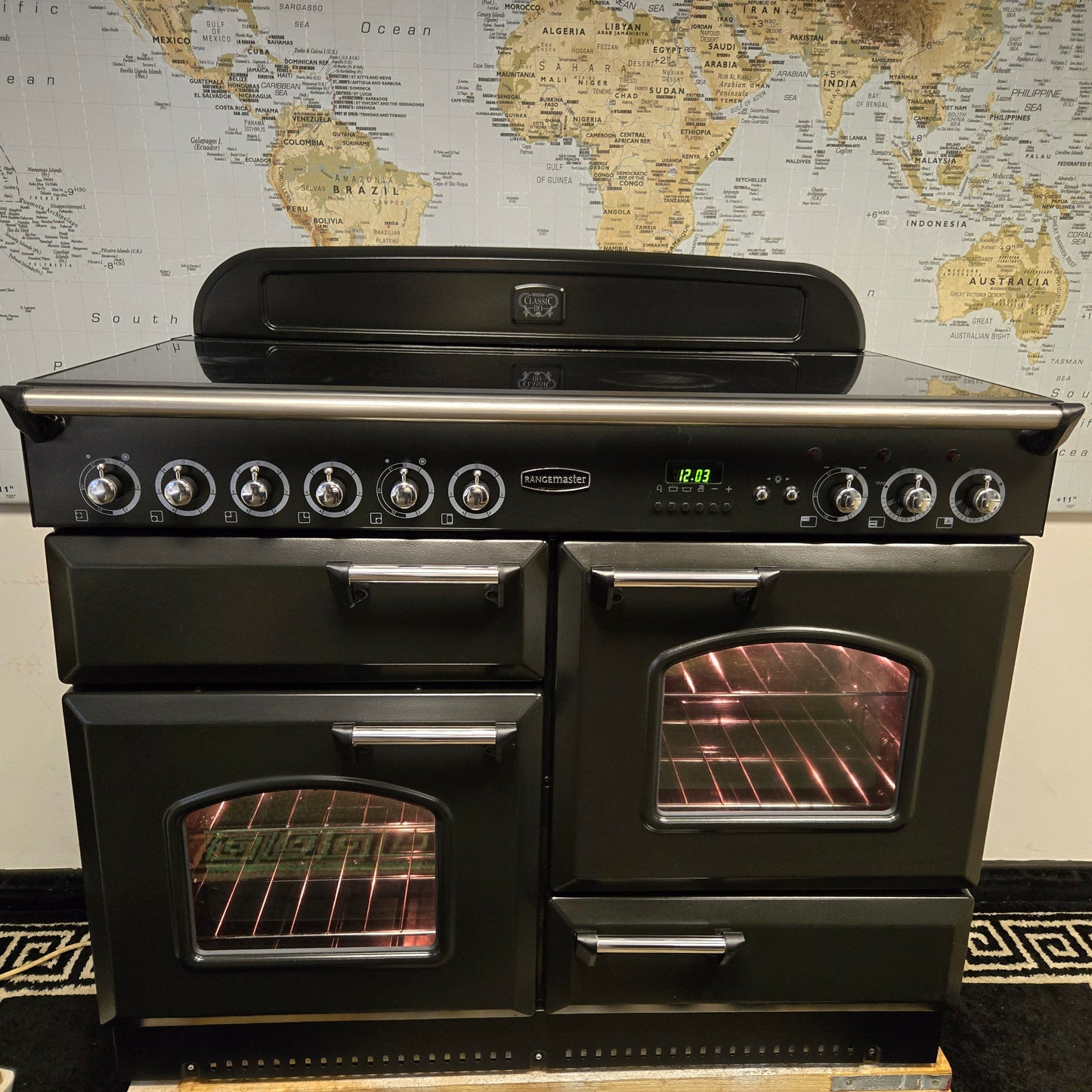 Rangemaster Classic Electric Range Cooker in Black with a Chrome Trim 110cm