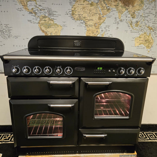 Rangemaster Classic Electric Range Cooker in Black with a Chrome Trim 110cm