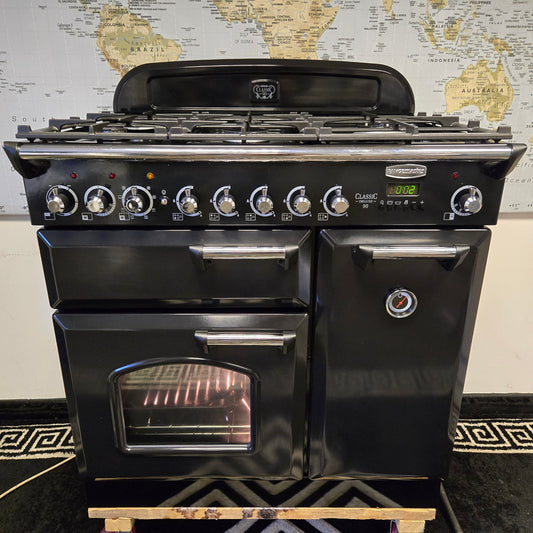 Rangemaster Classic Deluxe Dual Fuel Range Cooker in Black and Chrome 90cm